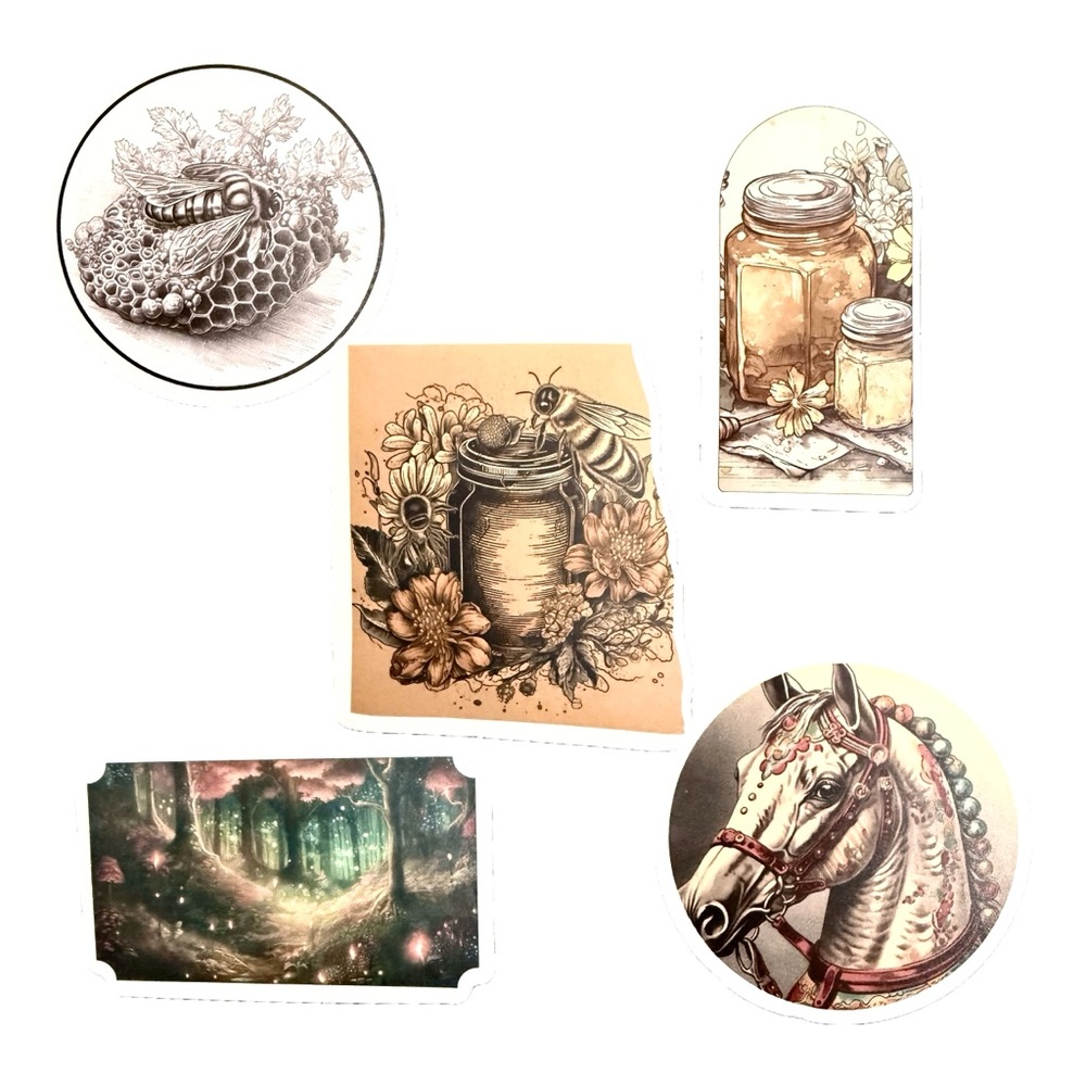 Vintage Botanical & Animal Sticker Set - Honey Jar, Bee, Horse, Forest